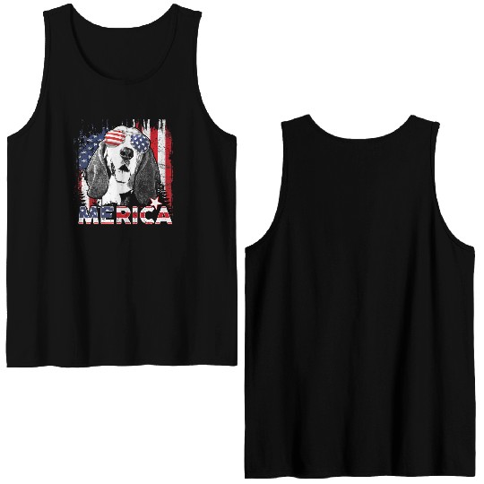 Basset Hound 4th Of July US Flag Merica Dog Lover Double Sided Tank Tops