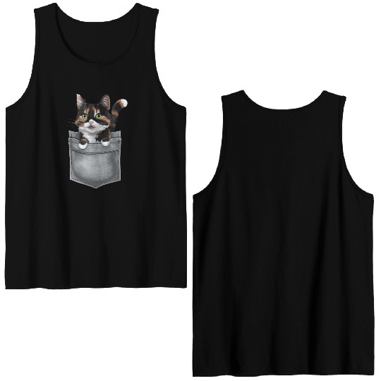 Japanese Bobtail Cat In Pocket Double Sided Tank Tops