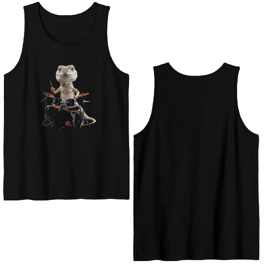 Lizard Playing Drums Realistic Double Sided Tank Tops