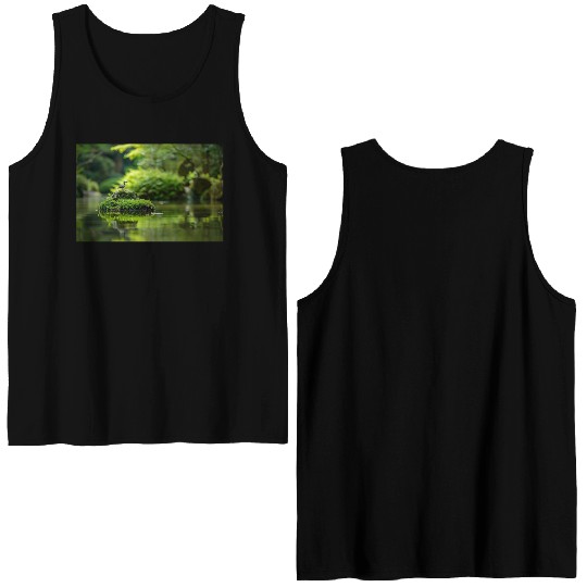 Serene Pond with Bird on Mossy Rock Double Sided Tank Tops