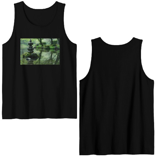Zen Stone Stack Reflected in Tranquil Pond Double Sided Tank Tops