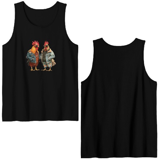 Chickens in chic streetwear attire Double Sided Tank Tops