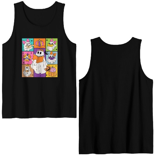 Cute Ghost Book Reading Halloween Teacher Kids Boo Double Sided Tank Tops