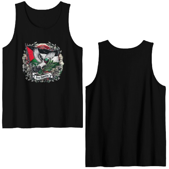 Pigeon holding olive's leaf free Palestine Flag Double Sided Tank Tops