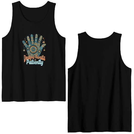 SAYING: Destiny awaits patiently, retro palm, sun Double Sided Tank Tops