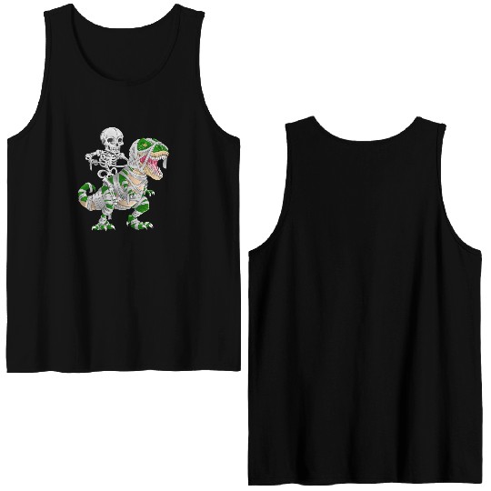 Skeleton Riding Mummy Dinosaur T rex Halloween Double Sided Tank Tops