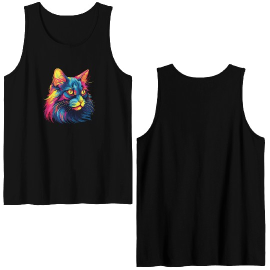 Cat Watercolor Colorful Maine Cat Double Sided Tank Tops