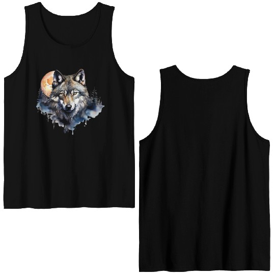 Wolf Portrait Under Full Moon Design Double Sided Tank Tops