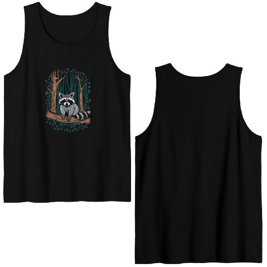 Cottagecore Raccoon in Forest Scene Double Sided Tank Tops