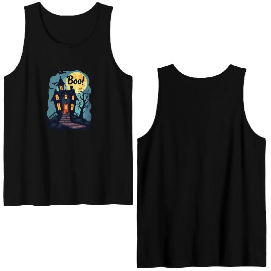 spooky haunted house with a black cat sitting Double Sided Tank Tops