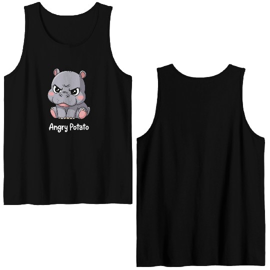 Moo Deng Angry Potato Hippo Cartoon Art Double Sided Tank Tops