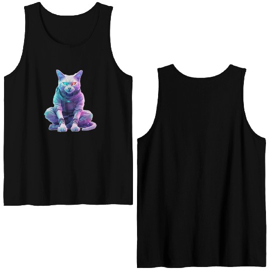Futuristic Cyberpunk Cat Double Sided Tank Tops