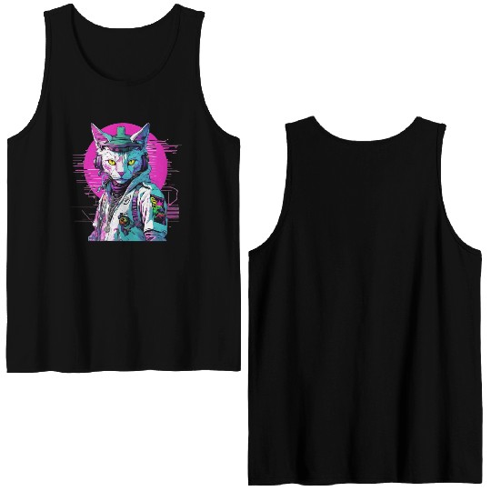 Neon Cyberpunk Warrior Cat Double Sided Tank Tops