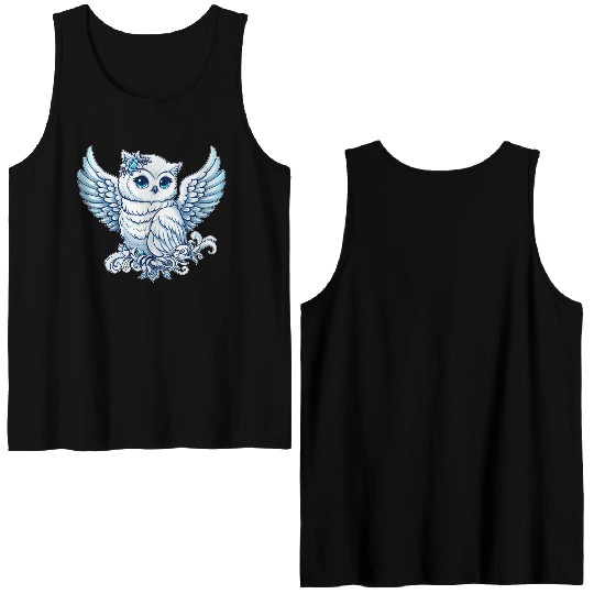 Cute snowy owl blue eyes angel wings cartoon Double Sided Tank Tops