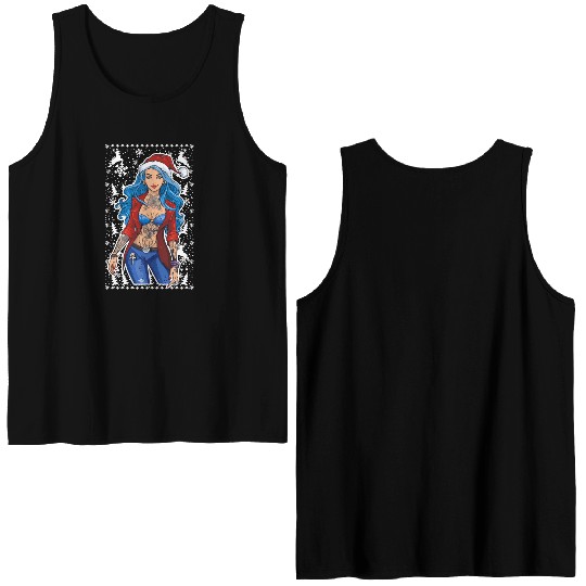 03 Sexy Christmas Woman Blue Hear Deer Tattoos Double Sided Tank Tops