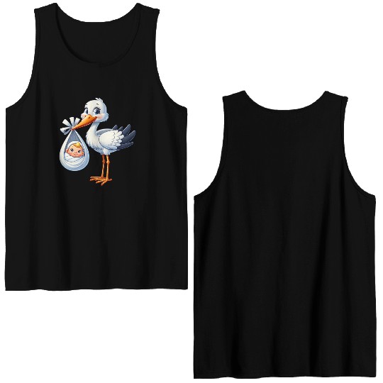 Adorable Stork with Newborn Baby Illustration - Double Sided Tank Tops