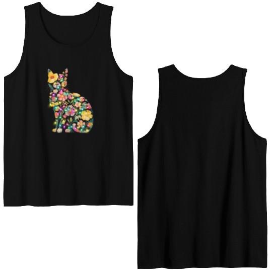 Floral Cat Silhouette nature santa christmas light Double Sided Tank Tops