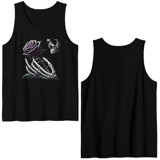 Skeleton Hand Holding a Poisonous Rose Double Sided Tank Tops