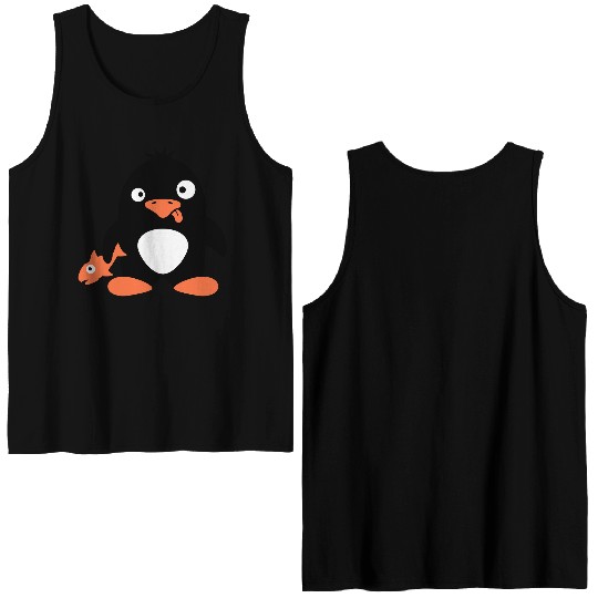 Funny Penguin Caught Fish Crazy Stupid Weird Face Double Sided Tank Tops