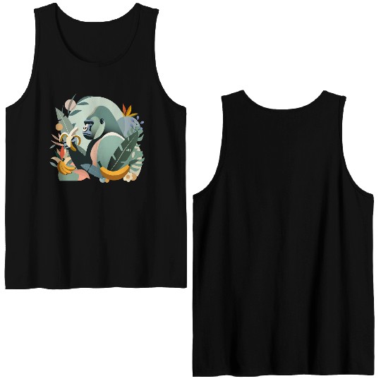 Proud gorilla with banana in tropical surroundings Double Sided Tank Tops