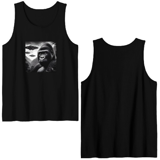 Gorilla Monkey Funny Graphic Selfie with UFOs Weir Double Sided Tank Tops
