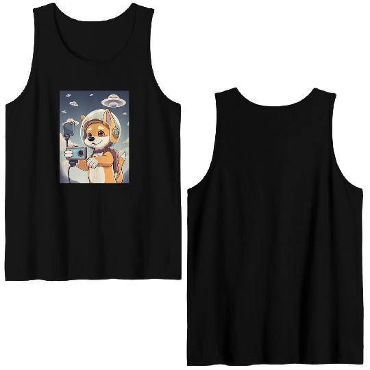 Funny Dog Rescue Anime Selfie with UFOs Weird Double Sided Tank Tops