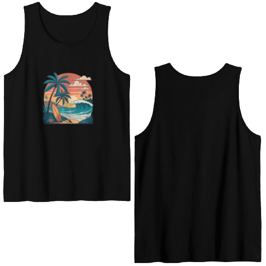 Tropical Paradise Sunset Surfing and Palm Trees Double Sided Tank Tops