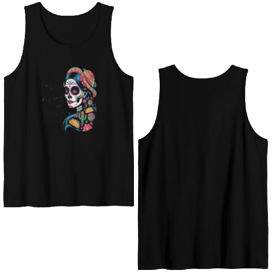 Cinco de Mayo Sugar Skull Girl Sombrero & Flowers Double Sided Tank Tops