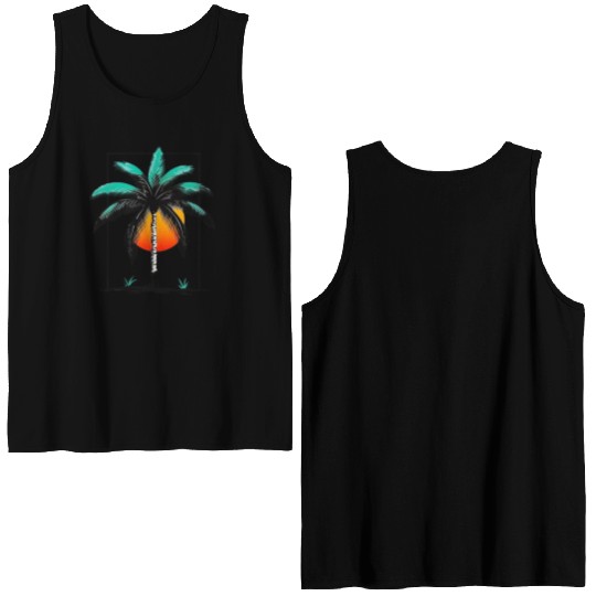 Grayscale Line Drawing Of A Central palm tree Double Sided Tank Tops