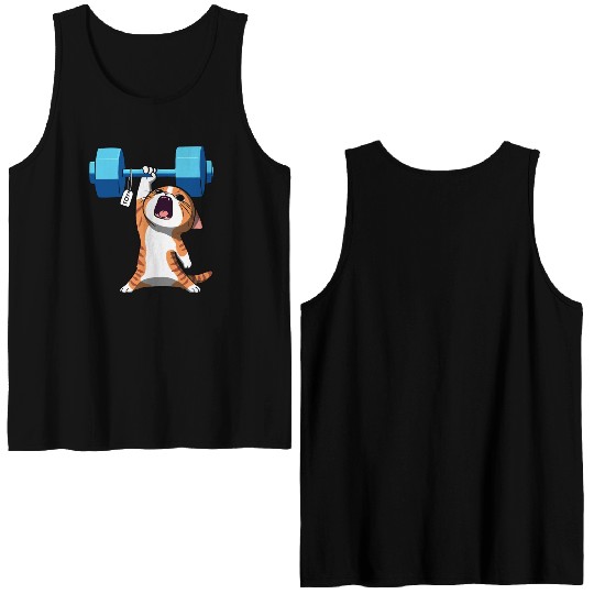 Workout Strength! Tiny Warrior Cat Huge Muscles. Double Sided Tank Tops