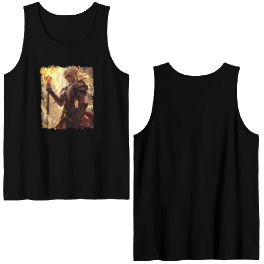 Fiery Elf Mage with Glowing Magical Staff Design Double Sided Tank Tops