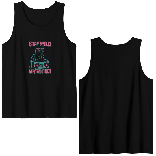 Stay Wild Meow Loud Retro Cat Quote Double Sided Tank Tops