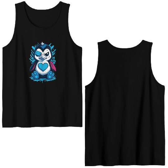 Punk penguin cartoon heart street art gothic Double Sided Tank Tops