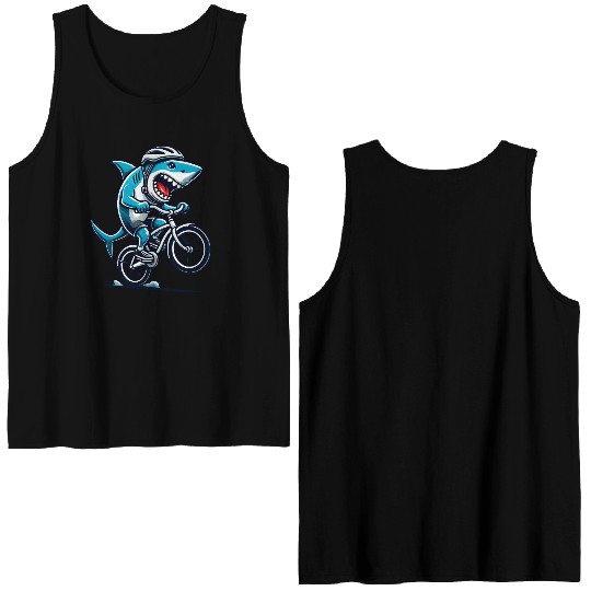 Shark Racing on Bike • Funny Cycling Shark Ride Double Sided Tank Tops