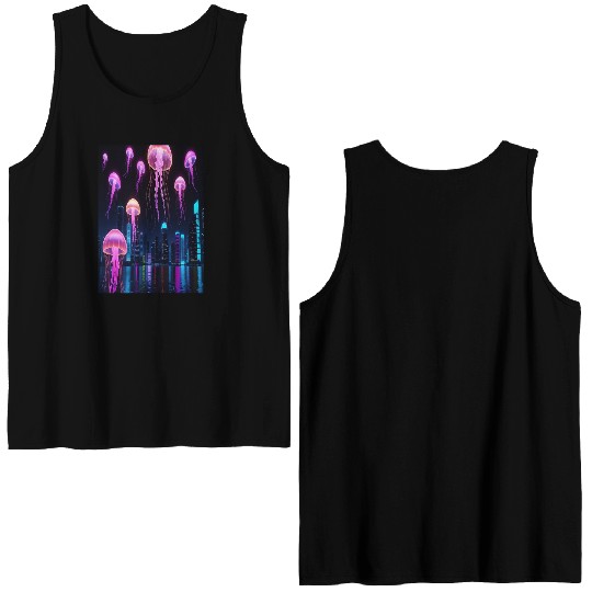 Neon Jellyfish Over Cyber City Double Sided Tank Tops