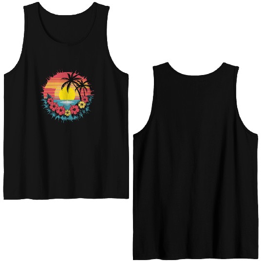 Tropical Sunset Paradise with Hibiscus and Palm Double Sided Tank Tops