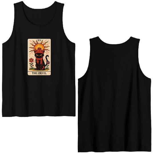 Devil Cat Tarot Card, Grumpy Cat Art, Mystical Double Sided Tank Tops