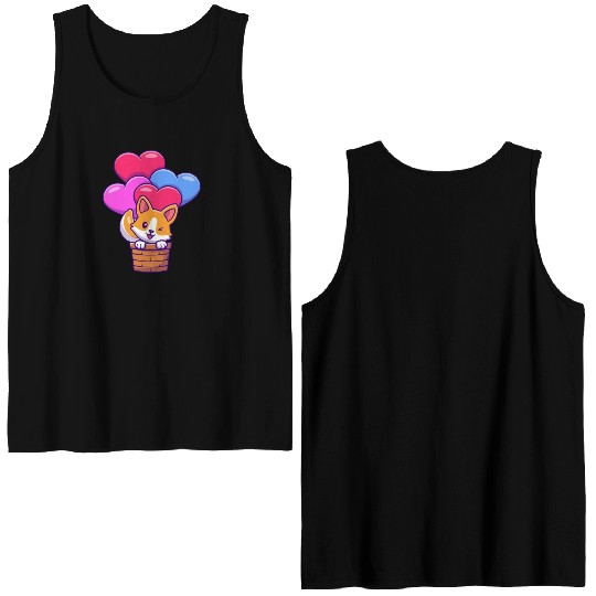 Whimsical Corgi with Heart Balloons Double Sided Tank Tops