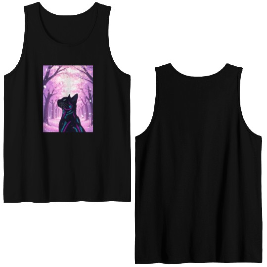 Midnight Cyber Cat | Pink Cherry Blossom Forest Double Sided Tank Tops
