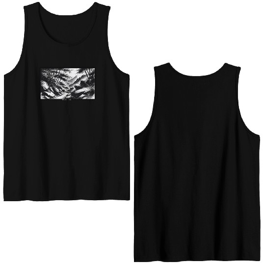 Serene Mountain Forest Ink Illustration Double Sided Tank Tops