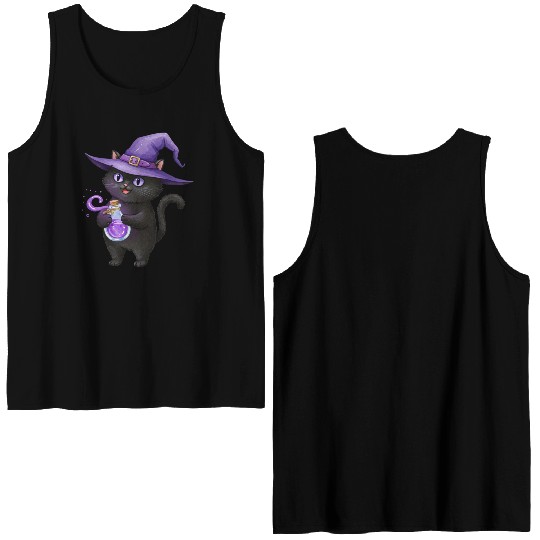 Enchanting Black Cat Witch Illustration Double Sided Tank Tops