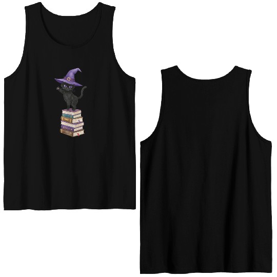 Enchanted Black Cat with Witch Hat Double Sided Tank Tops