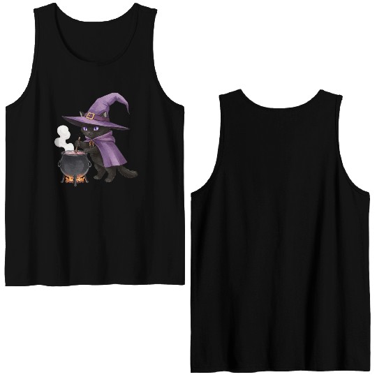 Enchanted Black Cat Witch Illustration Double Sided Tank Tops