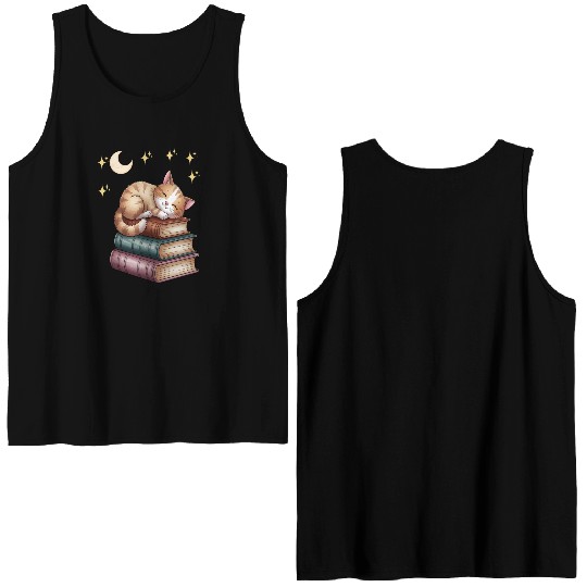 Sleepy Cat on Book Stack Double Sided Tank Tops