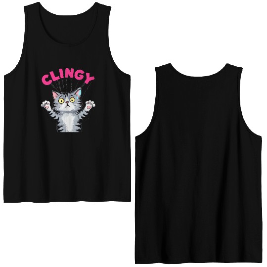 Humorous Clingy Cat Illustration Double Sided Tank Tops