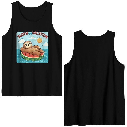 Sloth on Vacation – Watermelon Pool Float Double Sided Tank Tops
