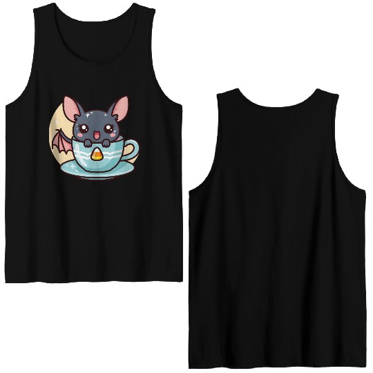Cute Bat in Tea Cup Illustration Double Sided Tank Tops