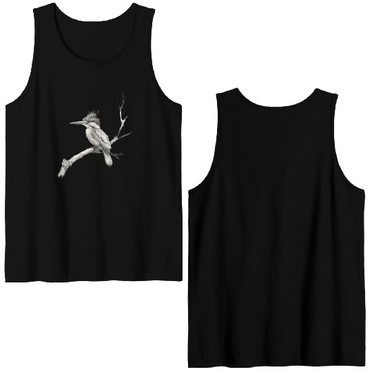 Elegant Black and White Kingfisher Illustration Double Sided Tank Tops