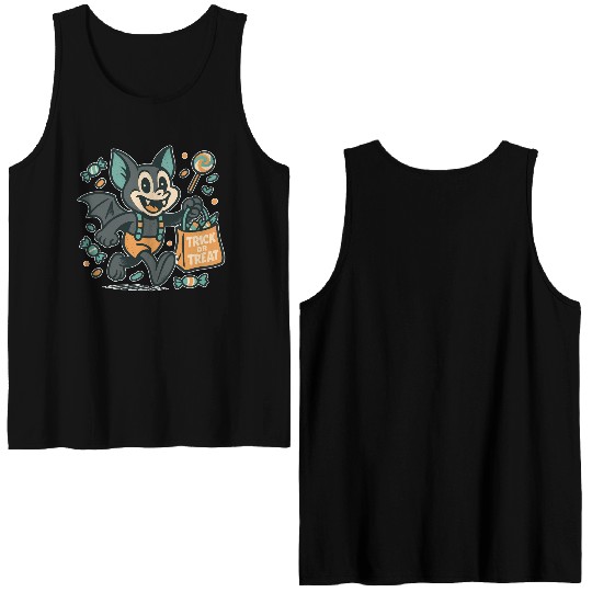 Cute Bat with Candy Bag Halloween Design Double Sided Tank Tops