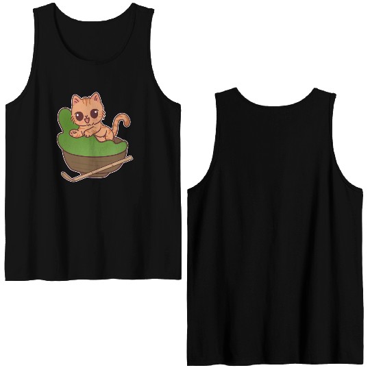 Kawaii Cat in Matcha Tea Bowl Double Sided Tank Tops